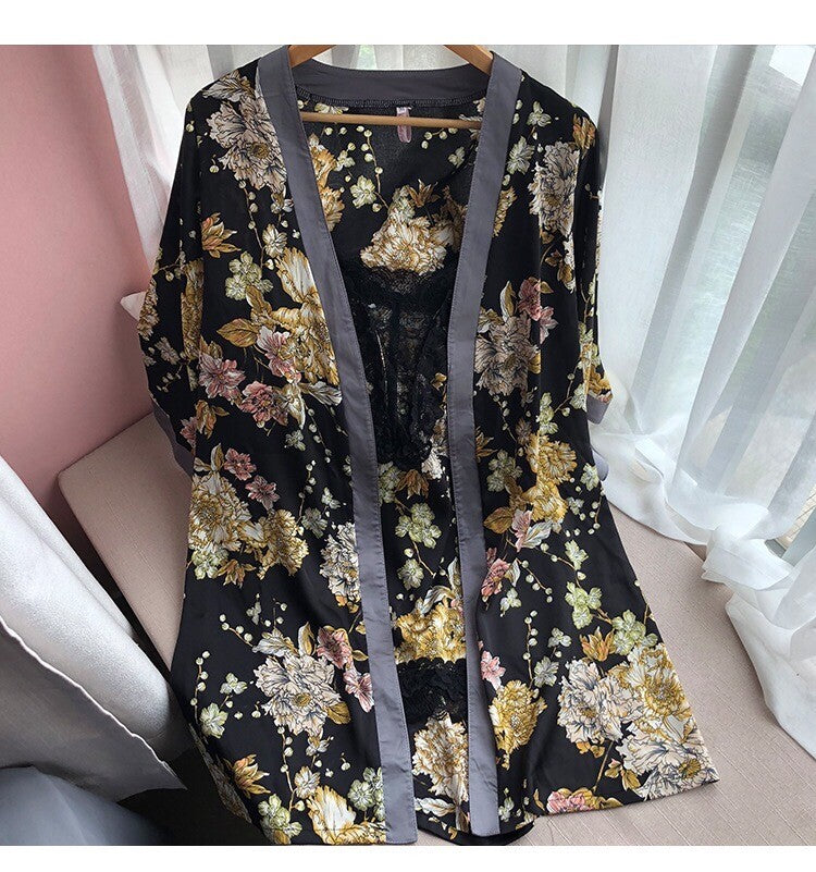 New Luxurious Black Ladies Womens Set of 2 Nightdress & Kimono Dressing Gown