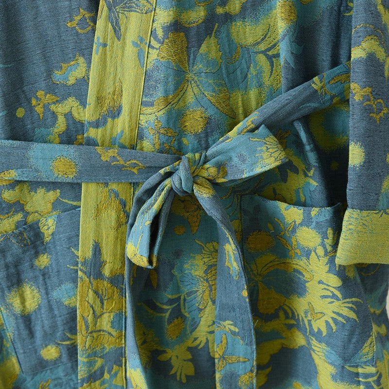 Womens Blue and Olive Green Kimono Robe with Botanical Soft Cotton-Linen Texture