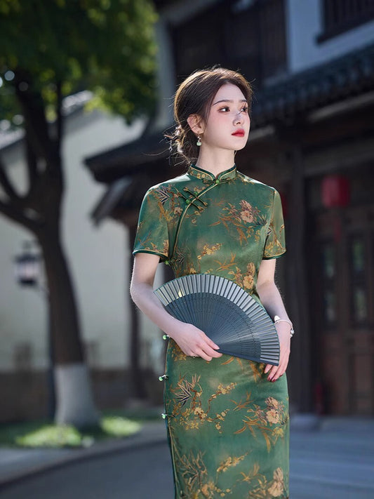 New Elegant Green Floral Satin Qipao – Vintage Chinese Ladies Cheongsam Dress