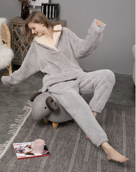Ladies Luxurious Grey Fluffy Loungewear Pyjamas Set with Cosy Collar and Pockets