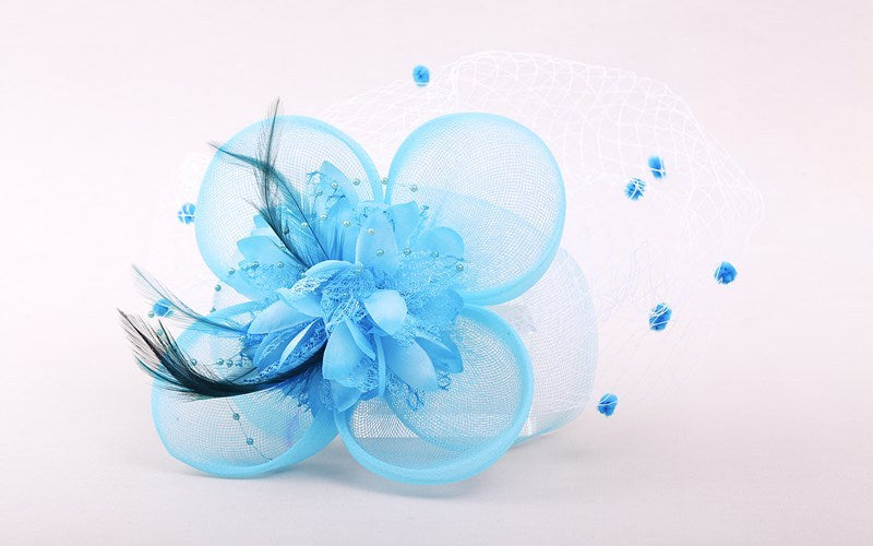 New Blue Flowers Netting Feather Ladies Wedding Ascot Fascinator Hair Clip hfac7