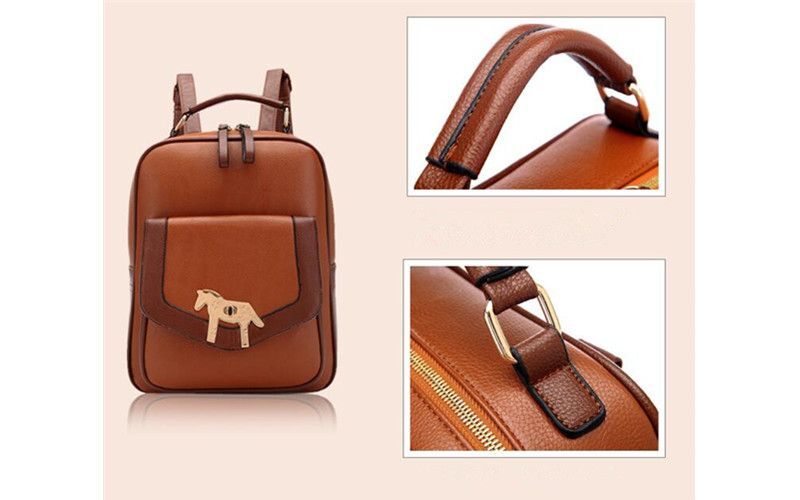 Ladies Beige Backpack Bag Horse-Shaped Gold Buckles Front Pocket Handle Strap