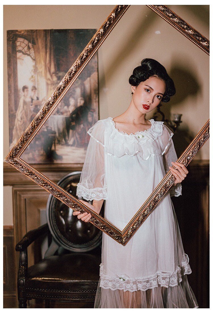 Ladies Royal White Neo Victorian Lace Knee Length Nightie Nightdress ladpj276