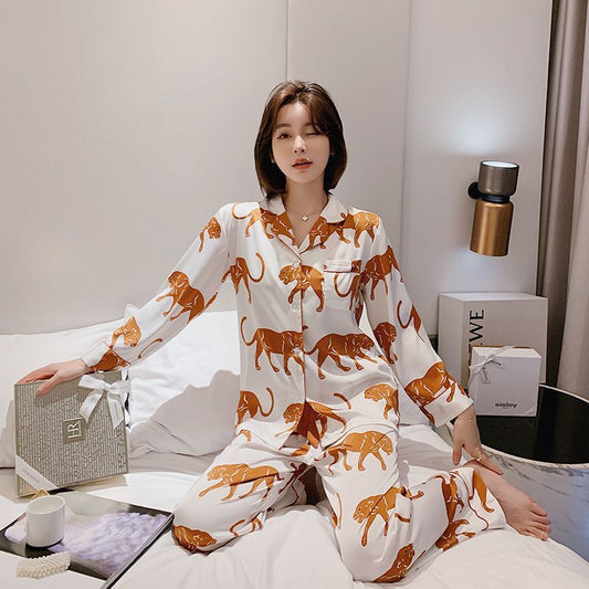 Luxurious Gold Lioness Prints White Ladies Pyjamas Top and Bottom Set ladpj345