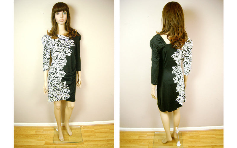 Hot Fashion Gorgeous Ladies Womens Black & White Roses Long Sleeves Knee Dress
