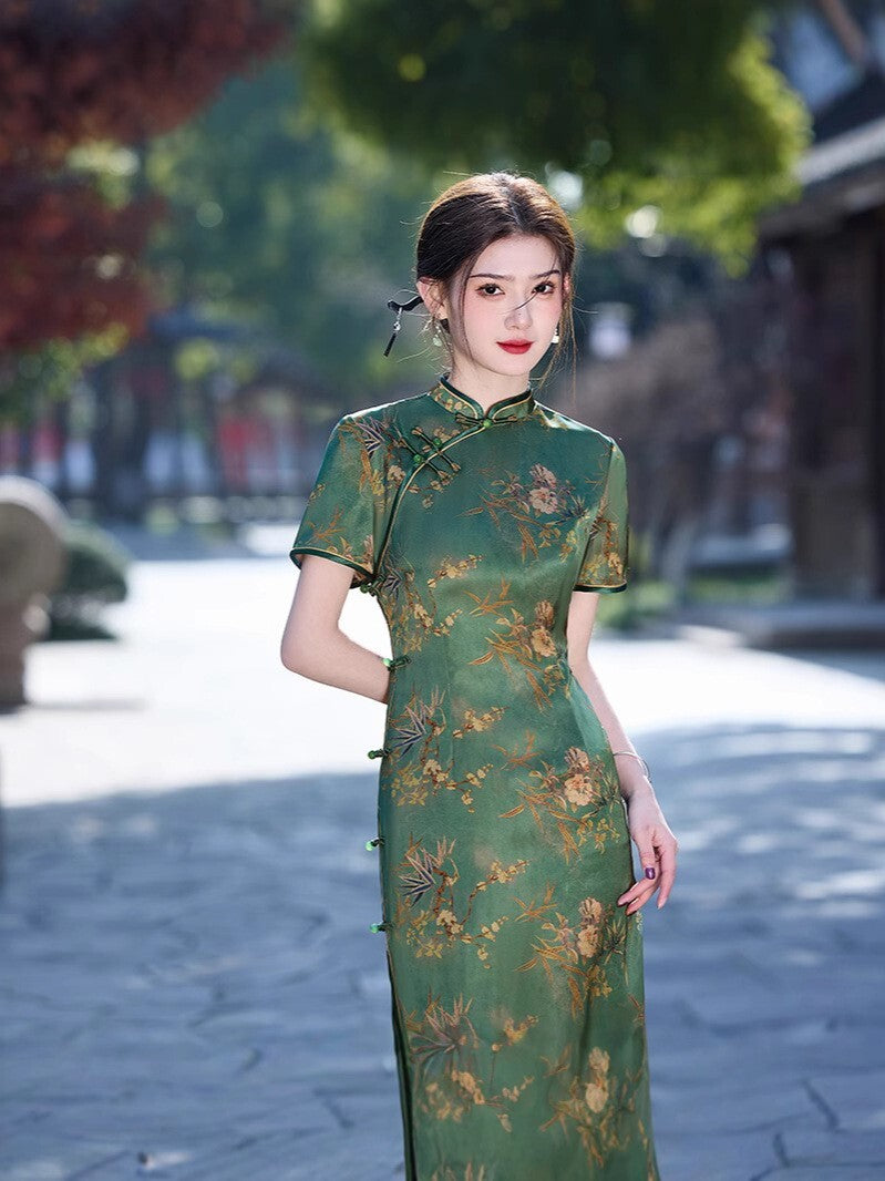 New Elegant Green Floral Satin Qipao – Vintage Chinese Ladies Cheongsam Dress