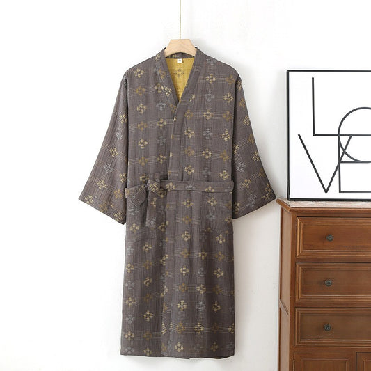 Men’s Kimono Robe in Coffee Brown with Gold Cross-Stitch Pattern & Yellow Lining