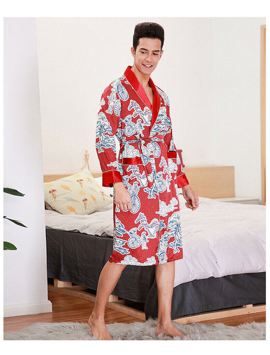 New Mens Chinese Japanese Oriental Scenery Lucky Red Bathrobe Dressing Gown