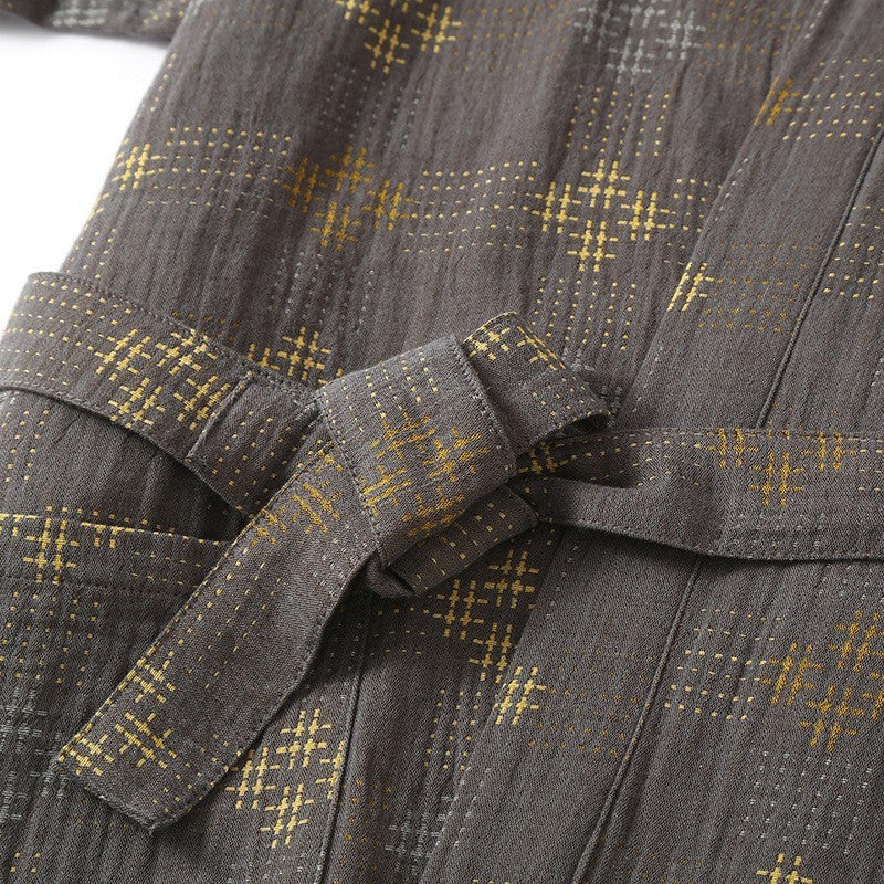 Men’s Kimono Robe in Coffee Brown with Gold Cross-Stitch Pattern & Yellow Lining