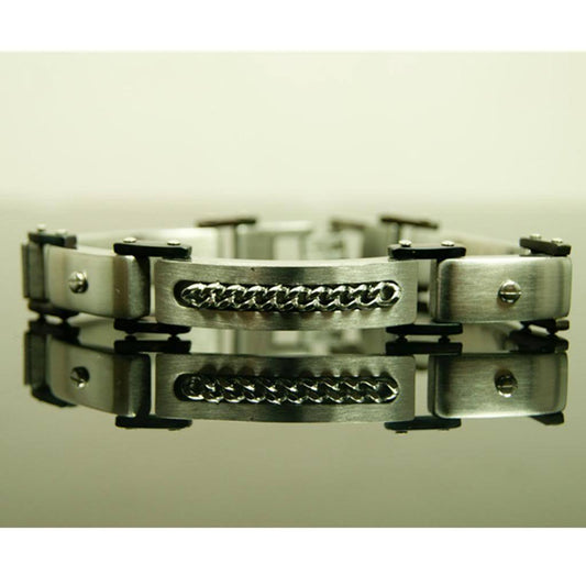 New Cool Heavy Metal Silver Chain Acrossed & Black Sterling Steel Thin Bracelet