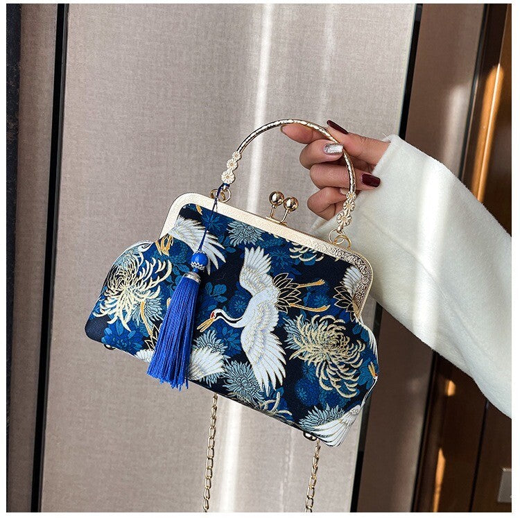 Ladies Chinese Heaven Cranes Royal Charms Evening Golden Clasp Shoulder Handbag