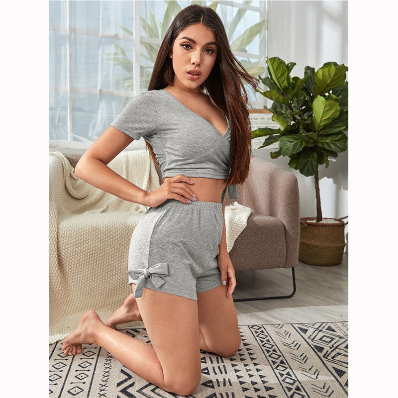 Cute Ladies Womens Grey Bow Tied Top and Shorts Pyjamas Set ladpj304