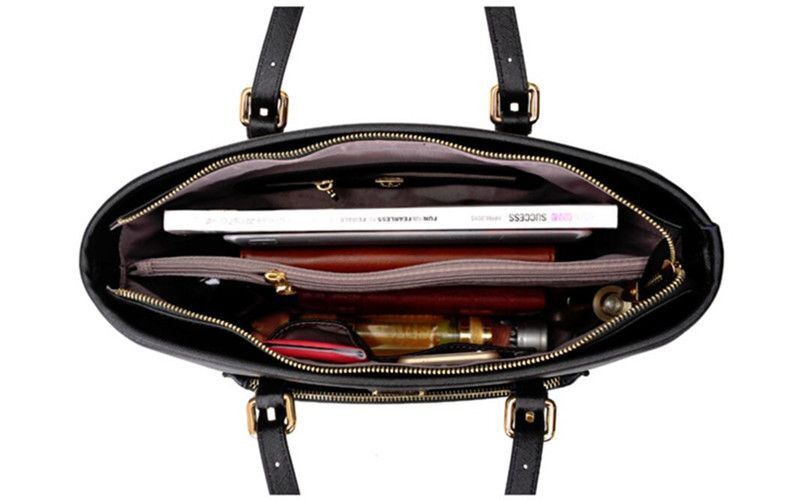 Ladies Black Handbag w/ Gold Accents, Lady Pattern Embroidery & Diamond Studs