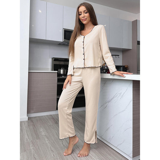 Elegant Chic Cosy Almond Womens Cotton Pyjama Set with Contrast Trim Nightwear