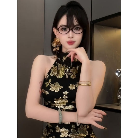 Black and Gold Halter Qipao-Inspired Mini Dress with Floral Embroidery