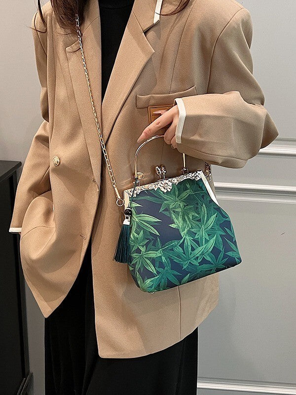 New Elegant Chinese Style Handbag – Green Bamboo Print with Vintage Clasp