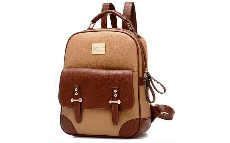Ladies Brown Backpack Bag Gold Buckles Front Pocket Handle & Straps