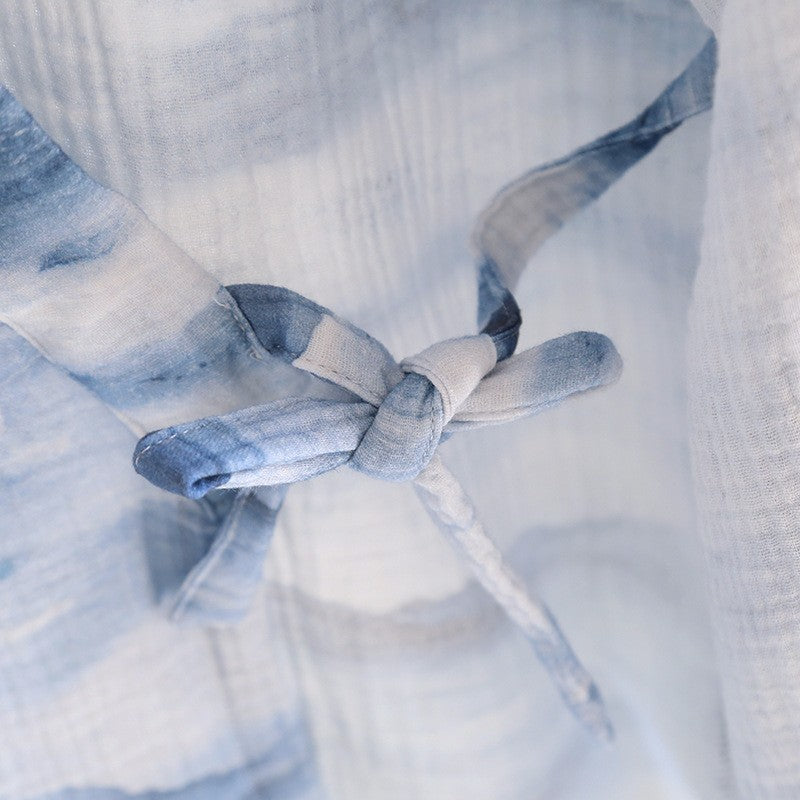 Men’s Gauze Cotton Kimono Robe with Blue Water-Ink Mountain Landscape Print