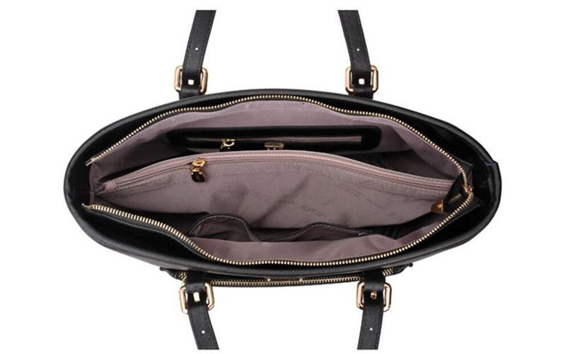 Ladies Black Handbag w/ Gold Accents, Lady Pattern Embroidery & Diamond Studs