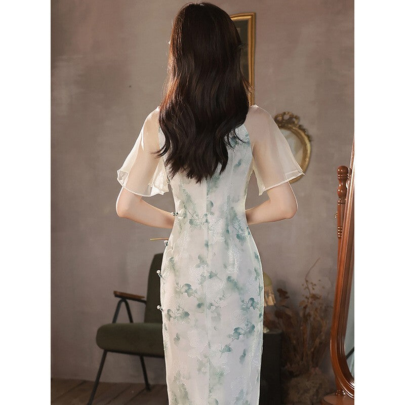 Elegant Chinese Qipao Cheongsam Dress – Floral Green Satin with Sheer Sleeves