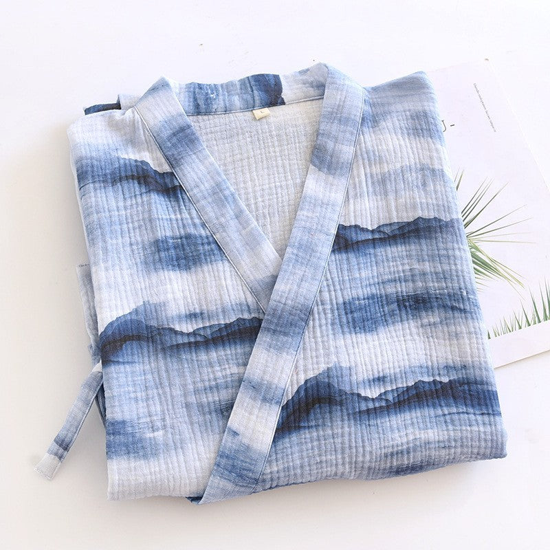 Men’s Gauze Cotton Kimono Robe with Blue Water-Ink Mountain Landscape Print