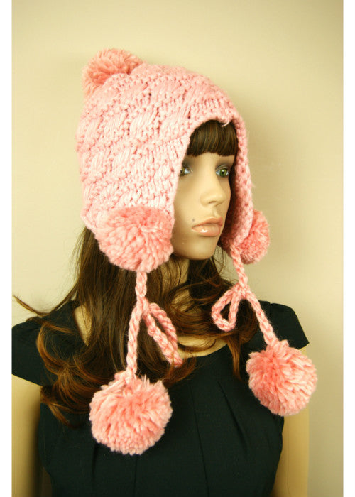  New Designer Look Ladies Womens Pink Oversize Pom Knit Beanie Winter Hat Cap