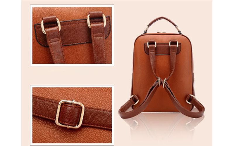 Ladies Beige Backpack Bag Horse-Shaped Gold Buckles Front Pocket Handle Strap