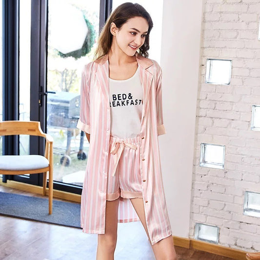 Pink Stripes Long Shirt Style Nightdress & Shorts Pyjamas Pajamas Set ladpj147