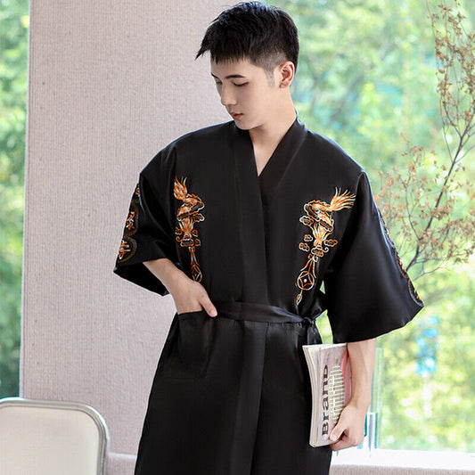 New Mens Royal Black Satin Chinese Dragons Bathrobe Gown mrobe22