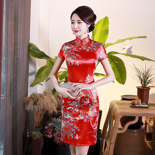 New China Red Satin Floral Prints Chinese Asian Short Cheongsam Qipao Dress