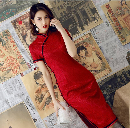 New Luxurious China Red Chinese Short Lace Dress Cheongsam Qipao lcdress84