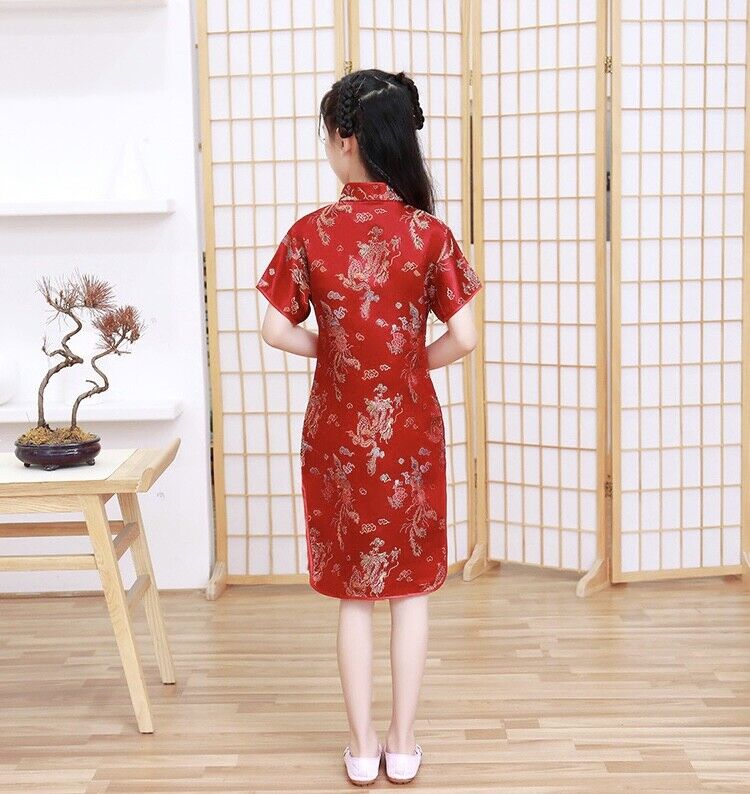 China Red Childrens Girls Chinese Asian Gold Dragons Satin Qipao Cheongsam Dress