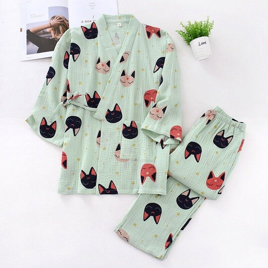 Chinese Japanese Cute Cats and Stars Green Long Ladies Kimono Pyjamas ladpj287