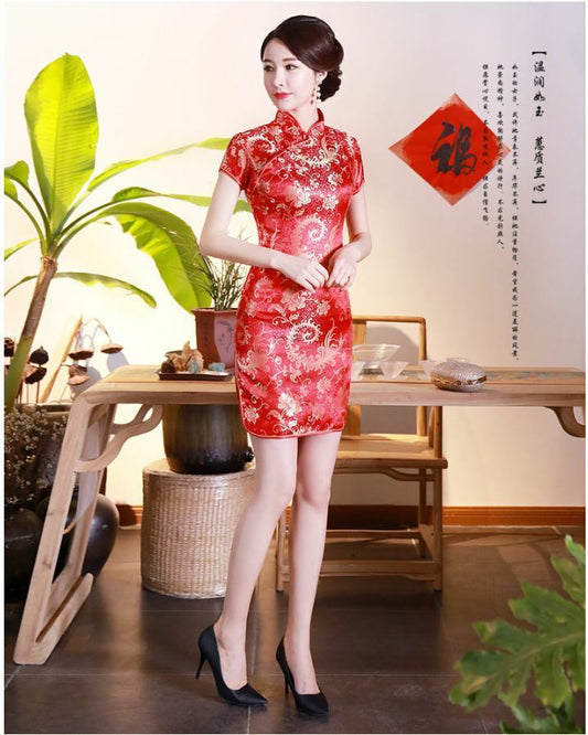 New Luxurious Red Satin Chinese Floral Short Dress Cheongsam Qipao lcdress82