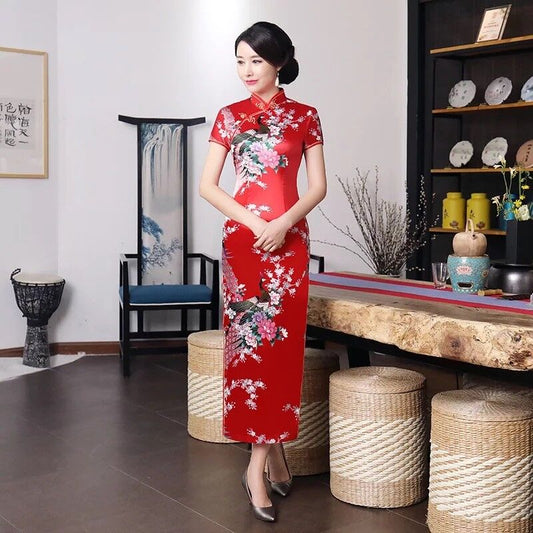 New Luxurious Red Satin Phoenix Chinese Long Dress Cheongsam Qipao lcdress50