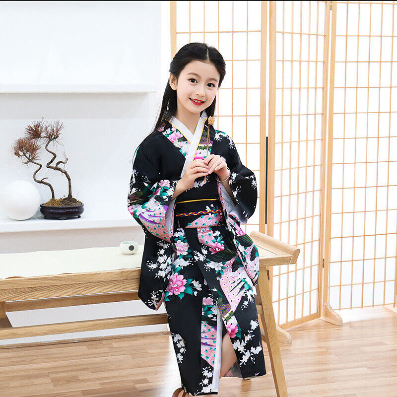 New Japanese Childrens Girls Black with Flower Prints Long Kimono Outfit gjk4