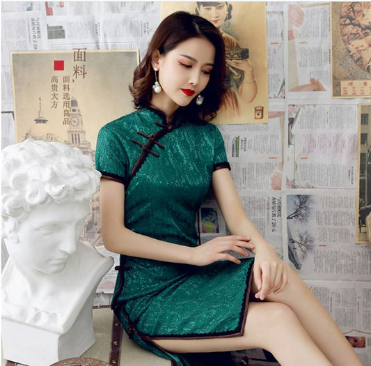 New Luxurious Royal Green Chinese Short Lace Dress Cheongsam Qipao lcdress83