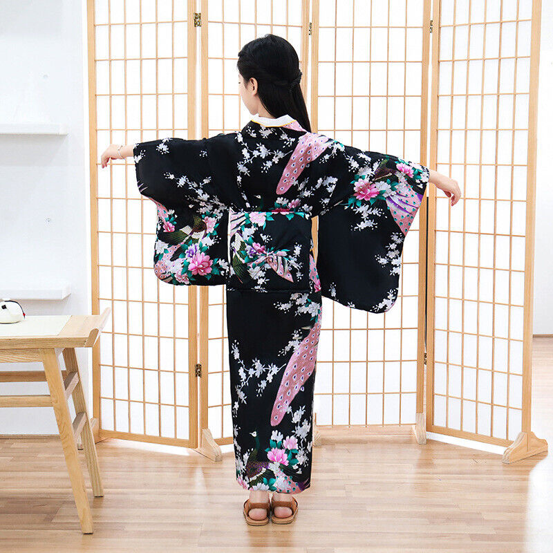 New Japanese Childrens Girls Black with Flower Prints Long Kimono Outfit gjk4